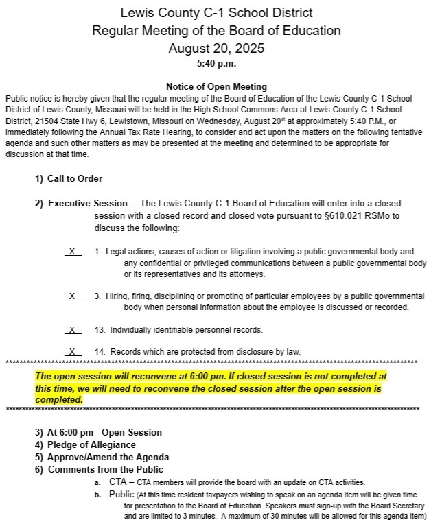 Image of the Board Agenda for the 8/20/25 Regular Board Meeting (full agenda is linked in the post)