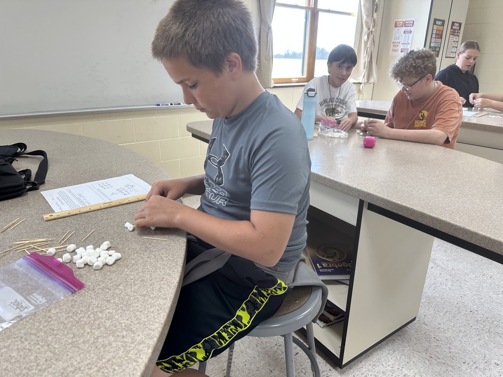 Students building their marshmallow toothpick structures
