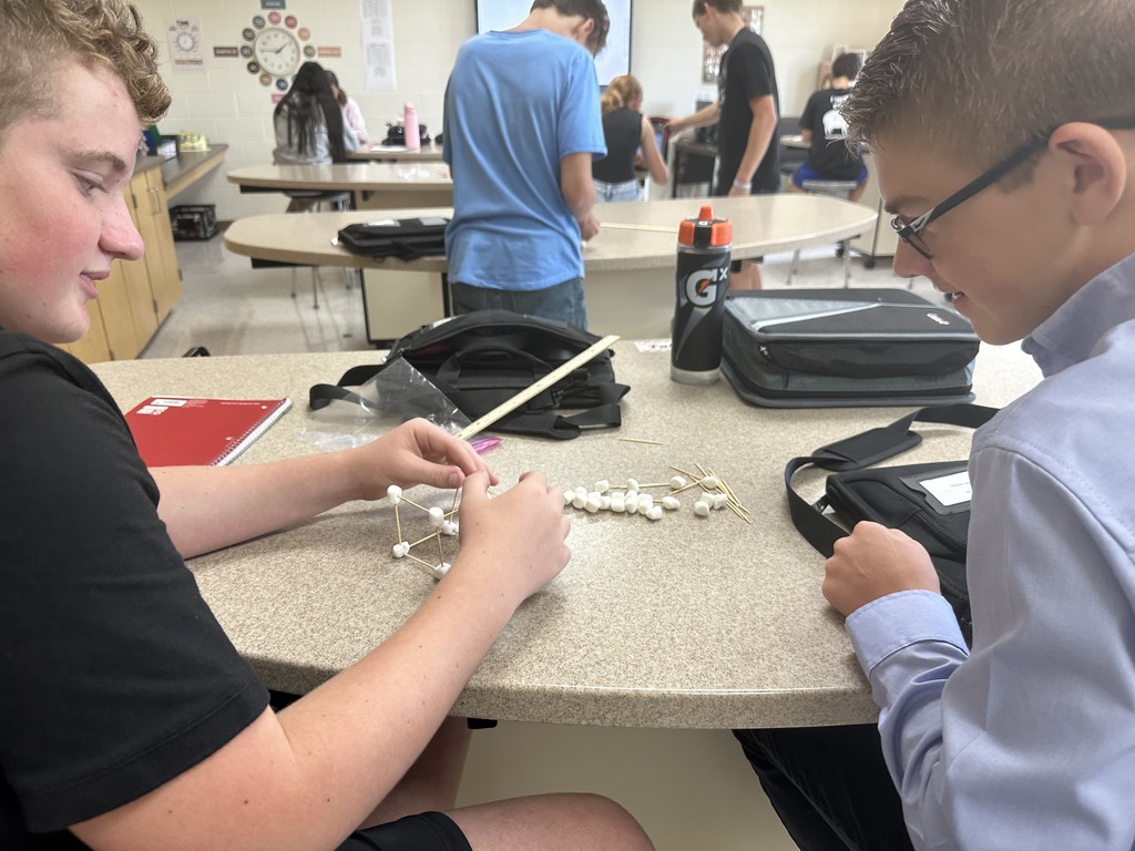Students building their marshmallow toothpick structures