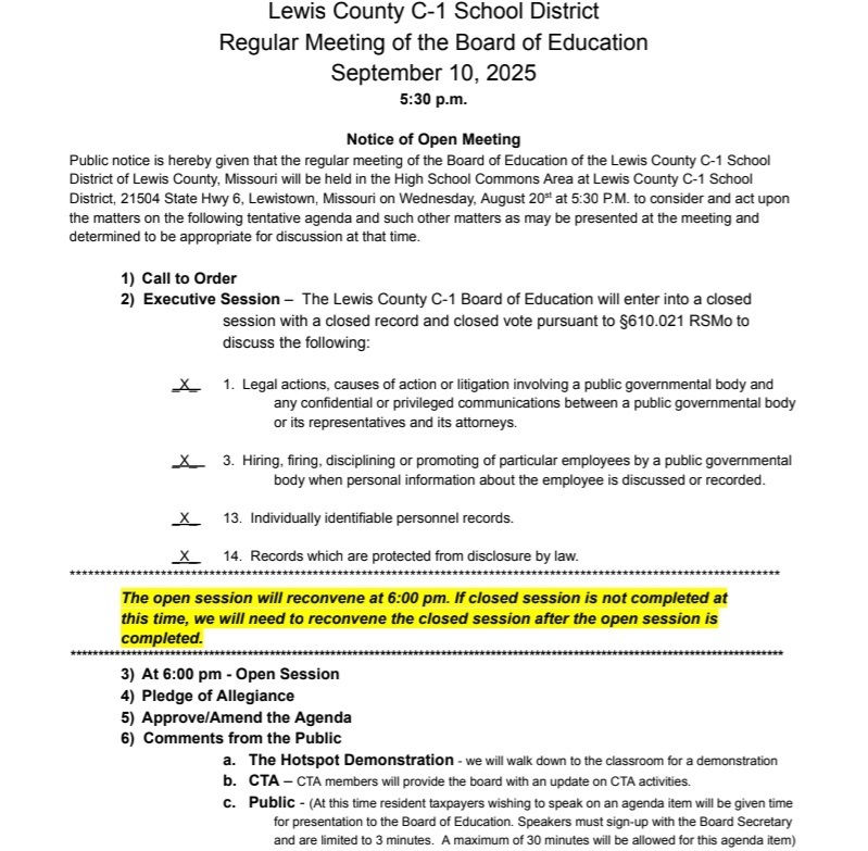 Image of the Board Agenda for 9-10-25 (the full agenda is linked in the post).