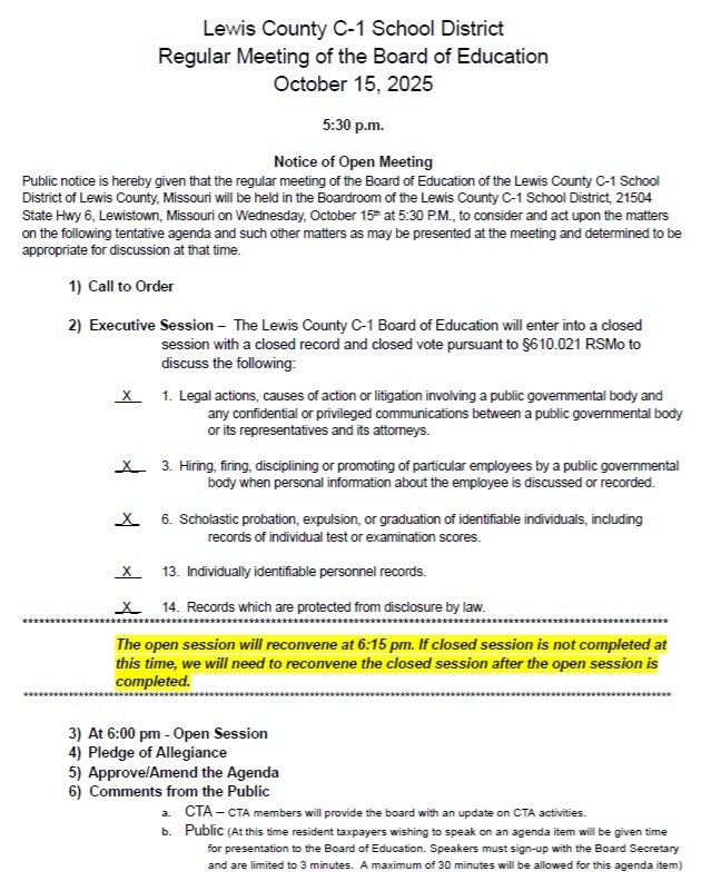 Image of the 10-15-25 Board Agenda (full agenda is linked in the post).