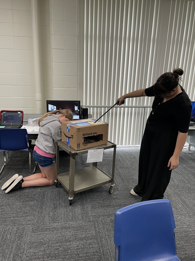 Students attempting to complete a task in a box using grabbers and a webcam
