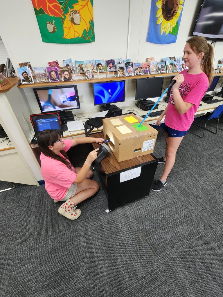 Students attempting to complete a task in a box using grabbers and a webcam