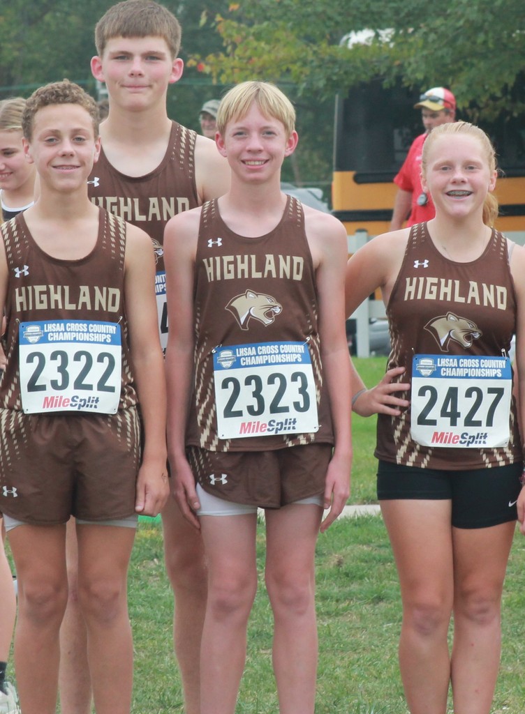 Highland JH XC runners who will be competing at the MS State Championship XC Races on Saturday, October 25th.  Pictured from left to right (front row): Nick Caudill, Aiden Martin, Leah Caudill (Back row): Leighton Walton