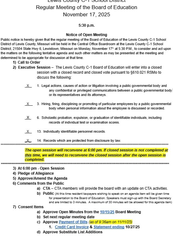 Image of the Board Agenda for 11-17-25 Meeting - full agenda is linked in the post.