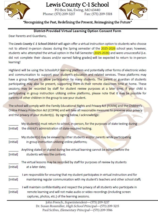 Image of the Virtual Learning Consent Form - the full document is linked in the post along with the link to the Google Form to complete the enrollment survey.