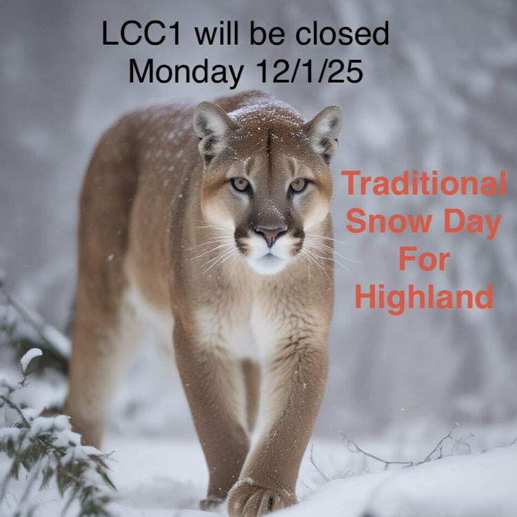 image of a Cougar walking in snow and ice with the announcement that Lewis County C-1 will be closed on Monday 12/1/25 as a Traditional Snow Day.