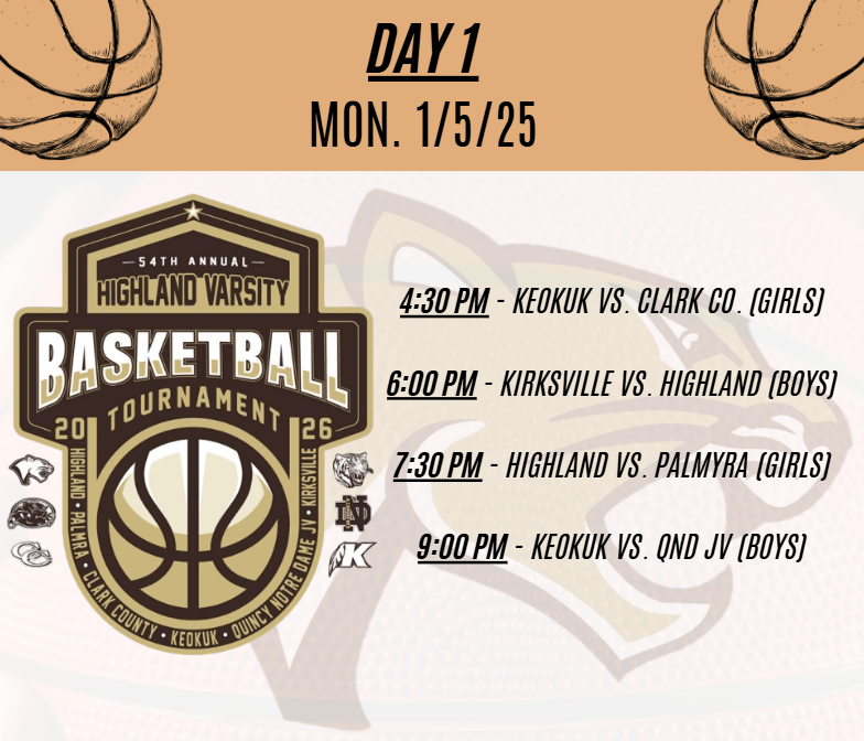 Image of the game times - 4:30pm Keokuk VS Clark County (Girls), 6pm Kirksville VS Highland (Boys), 7:30pm Highland VS Palmyra (Girls) and 9pm Keokuk VS QND JV (Boys)