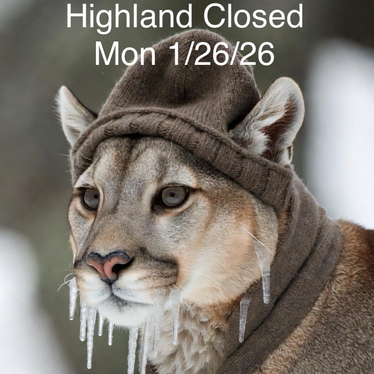 Image of a Cougar wearing a stocking hat and scarf with icicles formed on its face — announcing Highland schools closed Monday 1/26/26 - traditional snow day