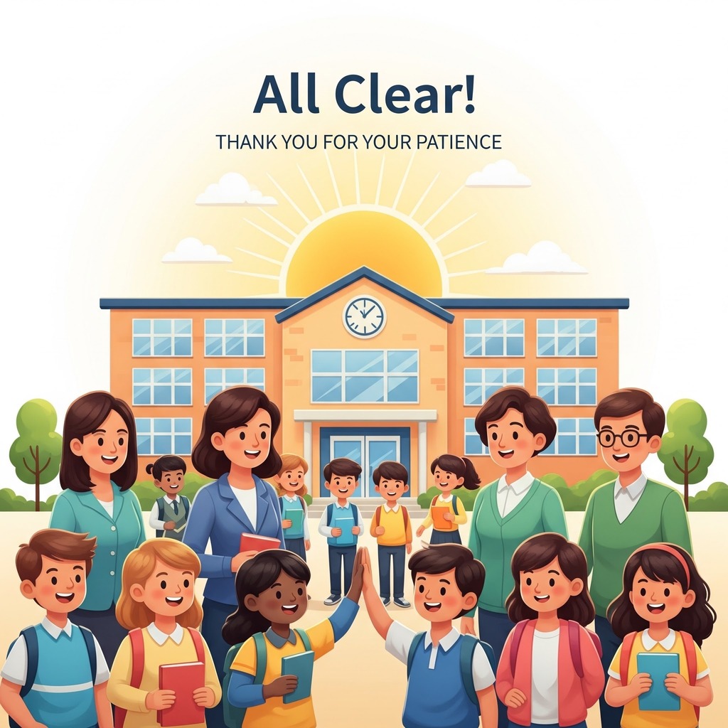 Image of a school building with students and staff in front smiling with the announcement, "All Clear! Thank you for your patience."