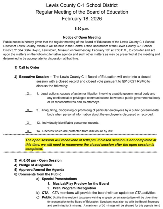 Image of the 2-18-26 Board Agenda - the full agenda is linked in the post.