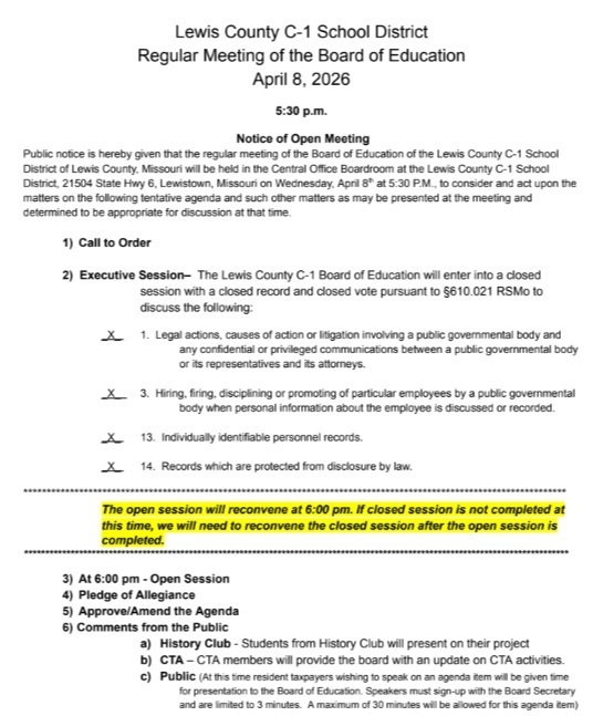 Image of the Board Agenda for the 4-8-26 Board Meeting - the full agenda is linked in the post.