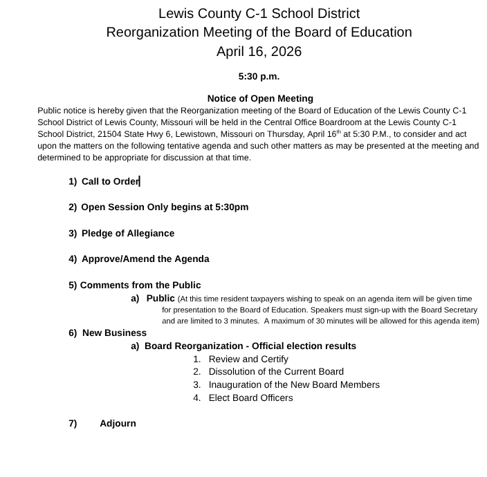 Image of the Board Agenda for the 4/16/26 Board Reorganization meeting. The full agenda is linked in the post.