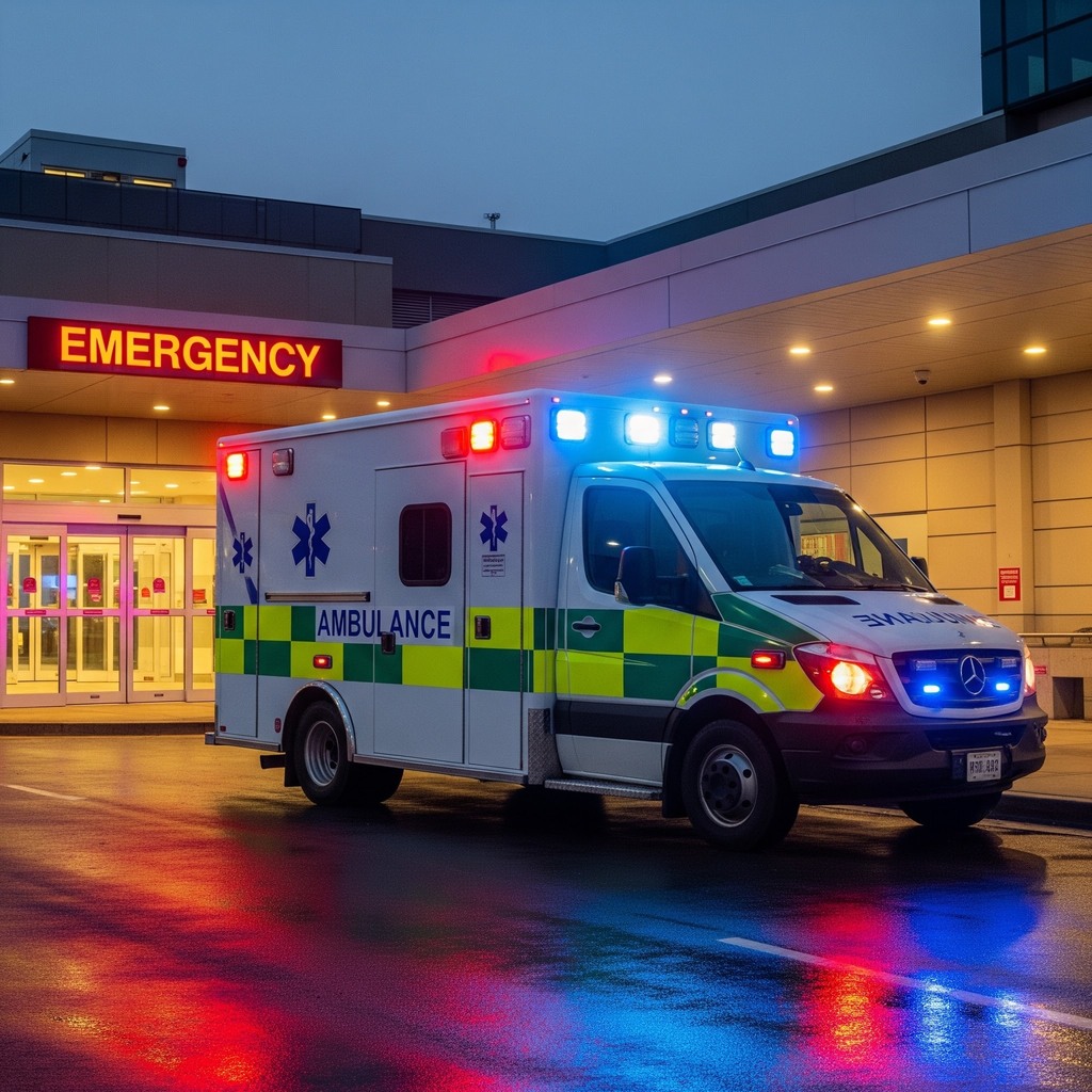 A white ambulance with flashing lights parked outside of an Emergency room entrance.