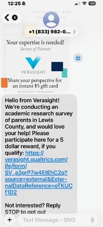 Image of a screenshot of a text received from "Verasight" offering a $5 reward for completing a survey.