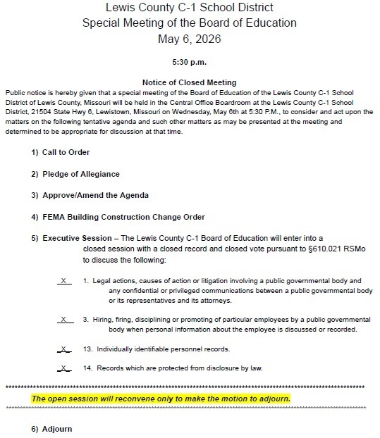 Image of the Special Meeting Agenda for the LCC1 Board on 5-6-26. The full agenda is linked in the post.