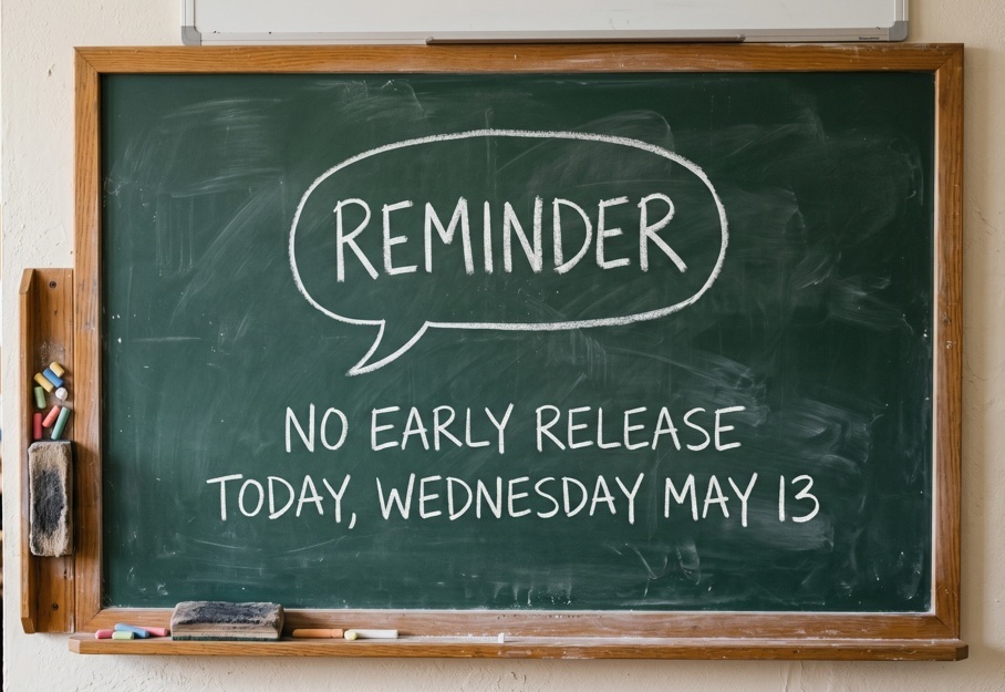 A photograph of a dark green school chalkboard with a wooden frame, hanging on a classroom wall. In the center, a white chalk-drawn speech bubble has the word "REMINDER" written inside in capital letters. Below the bubble, in clean white chalk lettering, it says: "NO EARLY RELEASE TODAY, WEDNESDAY MAY 13". 
