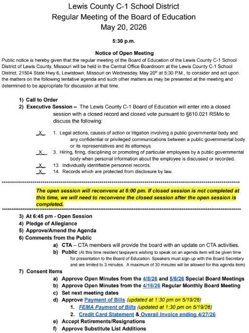 Image of the 5-20-26 Board Agenda - the full agenda is linked in the post.