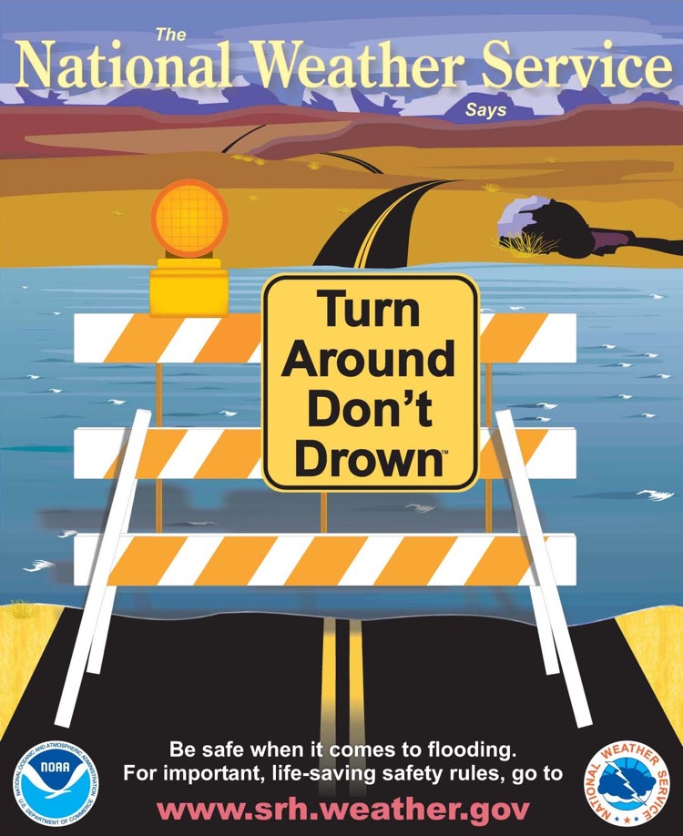 graphic depicting a flooded roadway with a blockade and sign reading “turn around, don’t drown” promoting safety during flash flood conditions