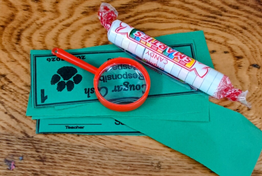 Cougar cash, magnifying glass, and smarties