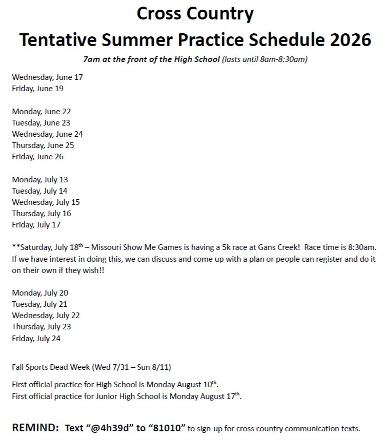 Image of the 2026 Summer Practice Schedule for Highland Cross Country (document linked in the post also).