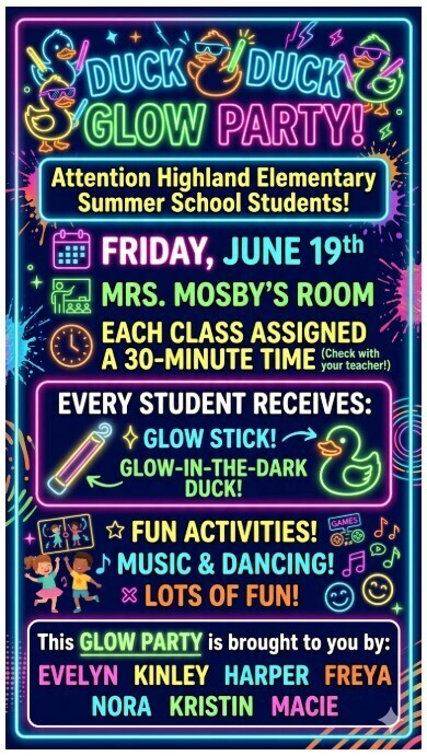 Flyer for the Friday Duck Duck Glow Party