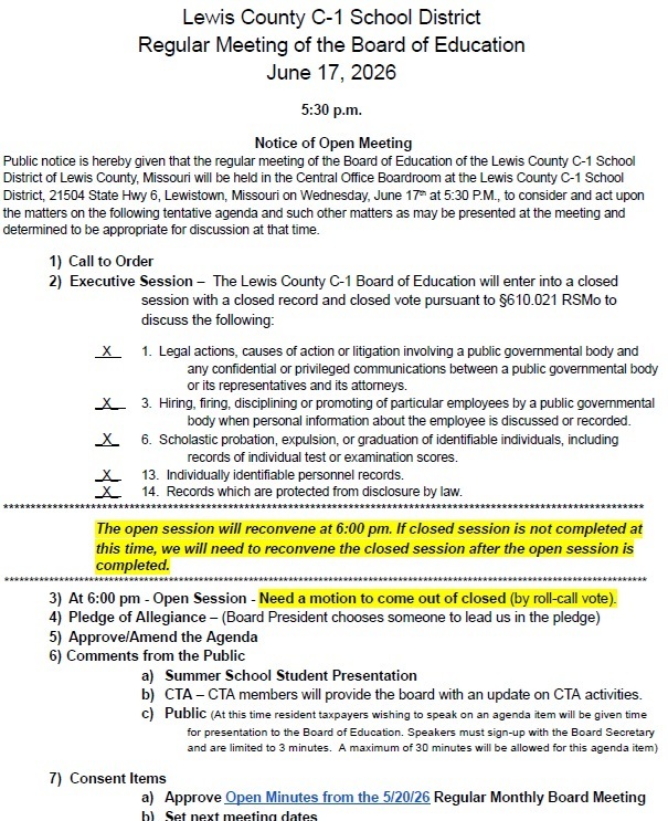 Image of the 6-17-26 Board Meeting Agenda (the full agenda is linked in the post).