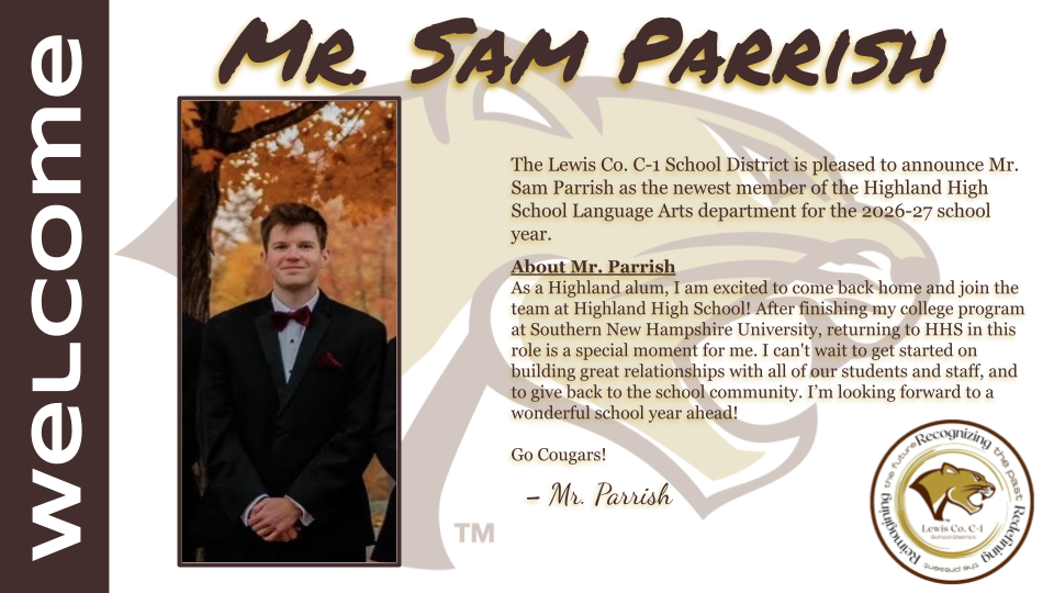Sam Parrish staff announcement containing a picture as well as a short biography