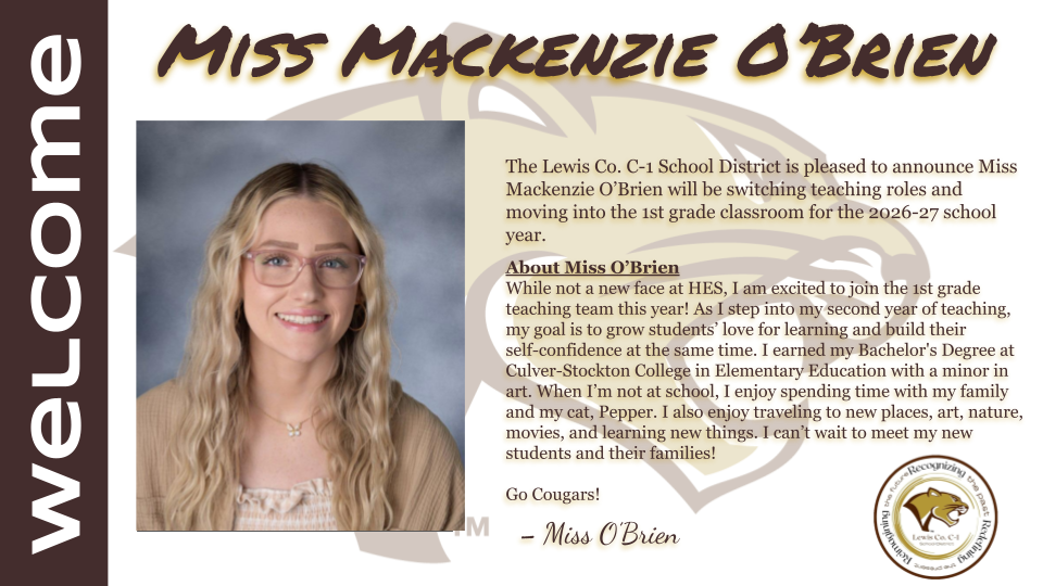 Mackenzie O'Brien staff announcement containing a picture as well as a short biography