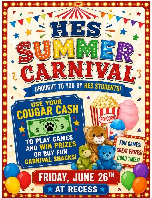 Flyer for HES recess carnival on Friday, June 26th. 