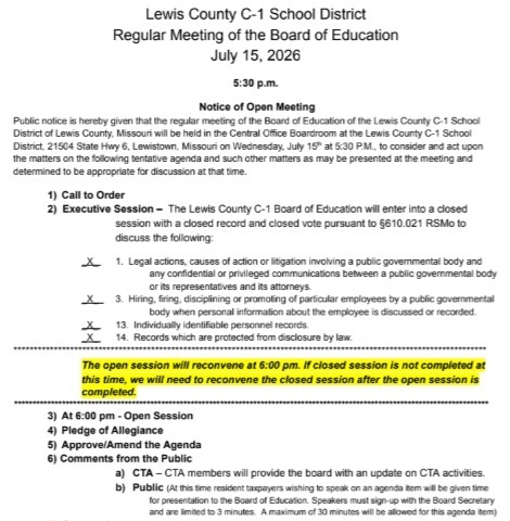 Image of the 7-15-26 Board Agenda (The full agenda is linked in the post.)