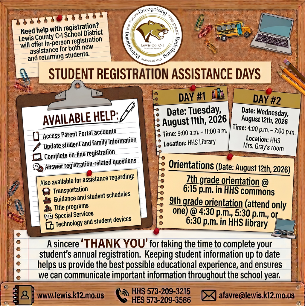 Graphic of corkboard with student registration assistance day information - specifically in person support on Aug. 11 and 12 
