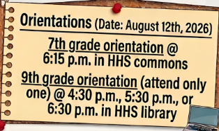 Graphic with LCC-1 7th and 9th grade orientations held on the night of 8/12/26 
