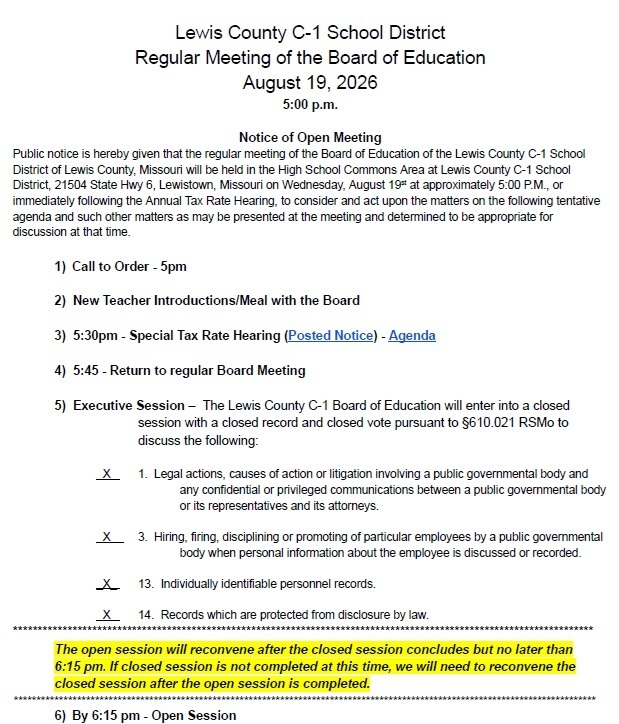 Image of the 8-19-26 Board Agenda, which includes the Special Tax Rate Hearing - the full agenda is linked in the post.