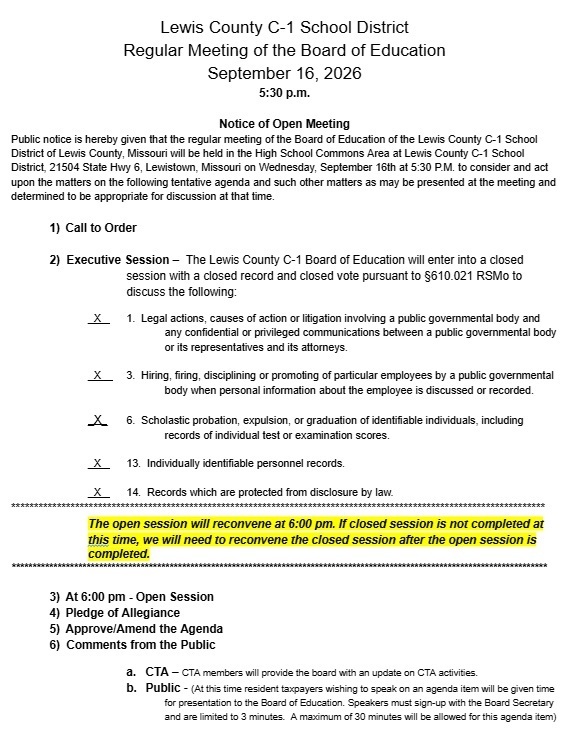 Image of the 9-16-26 Board Agenda - the full agenda is linked in the post.