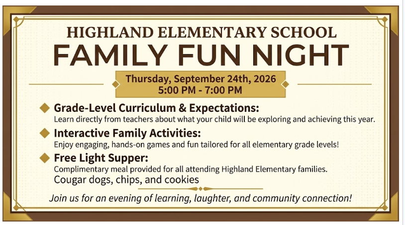 Family Fun Night, 9/24, 5:00-7:00 at HES