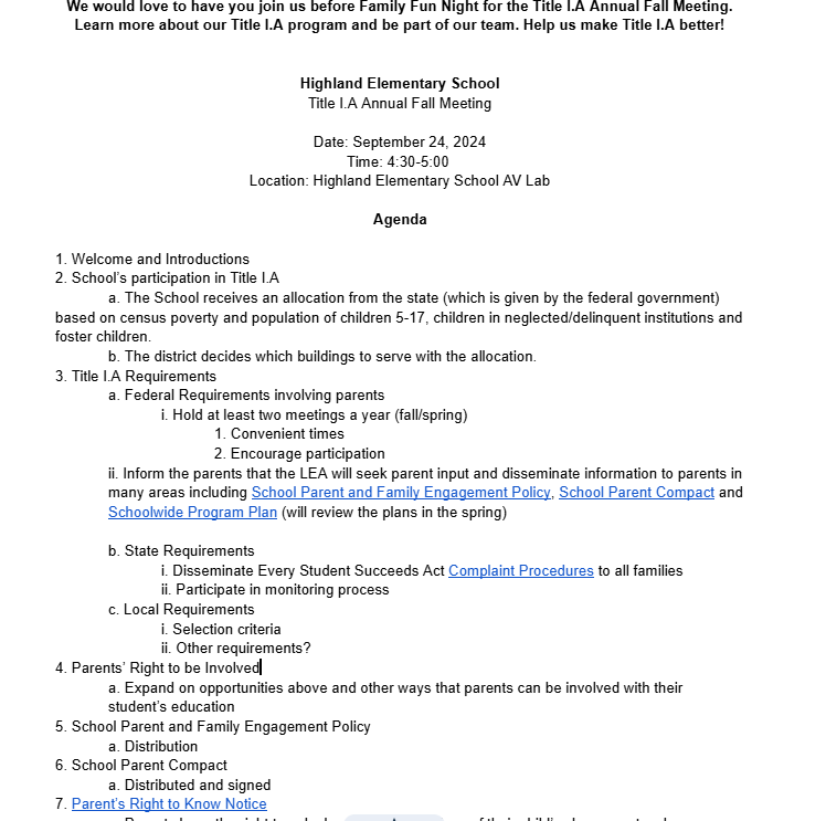 Agenda for Fall Title I Meeting