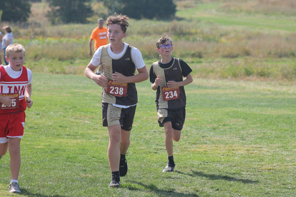 Jaxson Matson and Bentley Corrick heading into the finish at the Harrisburg meet.