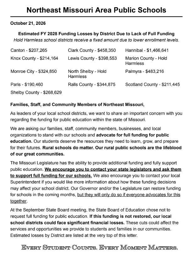 Image of the a letter regarding Funding Shortfall for NE Missouri School districts 10-21-26