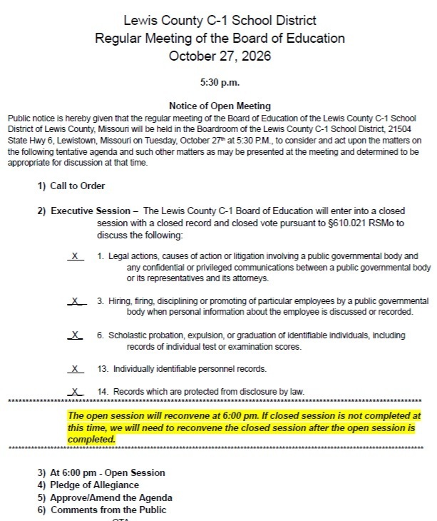 Image of the 10/27/26 Board Meeting Agenda - the full agenda is linked in the post.