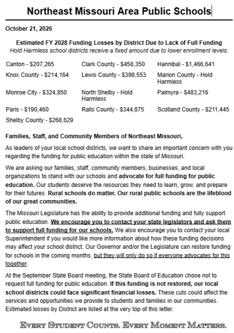 Image of the a letter regarding Funding Shortfall for NE Missouri School districts 10-21-26