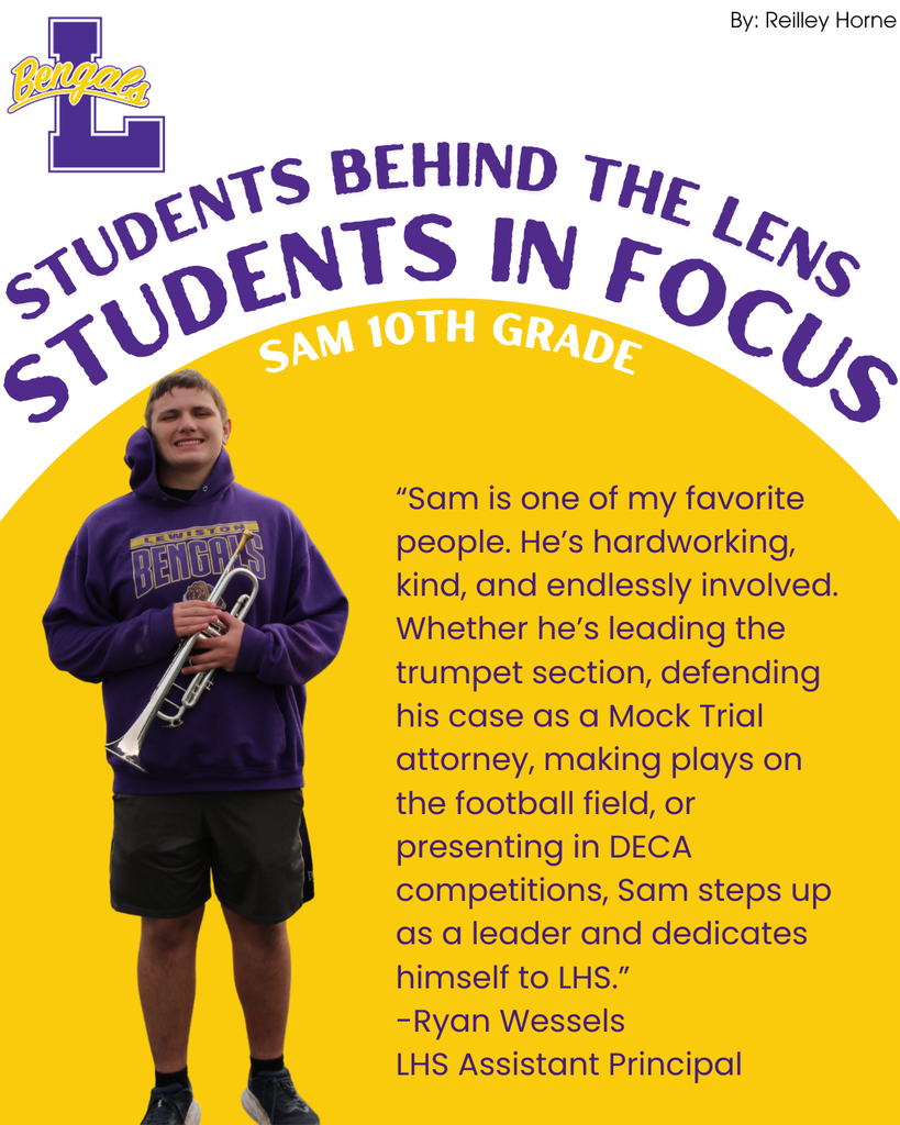 student holding a trumpet in a purple sweatshirt and black shorts