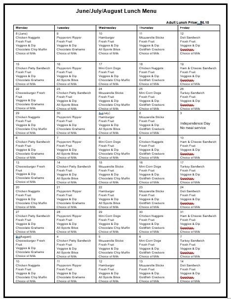 Menu for June, July and August