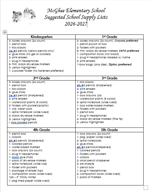 2026-27 McGhee School Supply List