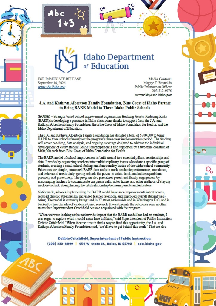 J.A. and Kathryn Albertson Family Foundation, Blue Cross of Idaho Partner to Bring BARR Model to Three Idaho Public Schools (Page 1 of 2)