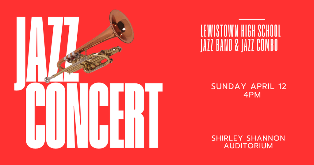 Red Background with trumpet and information on a Jazz concert Sunday April 12 at 4PM.