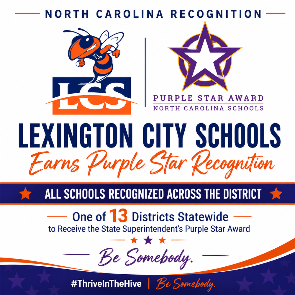 Graphic showing Lexington City Schools and the Purple Star Award logo, recognizing all district schools for supporting military-connected students and families.