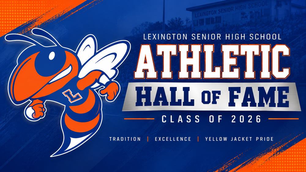 Lexington Senior High School Athletic Hall of Fame Class of 2026 graphic featuring the Yellow Jacket mascot in blue and orange.