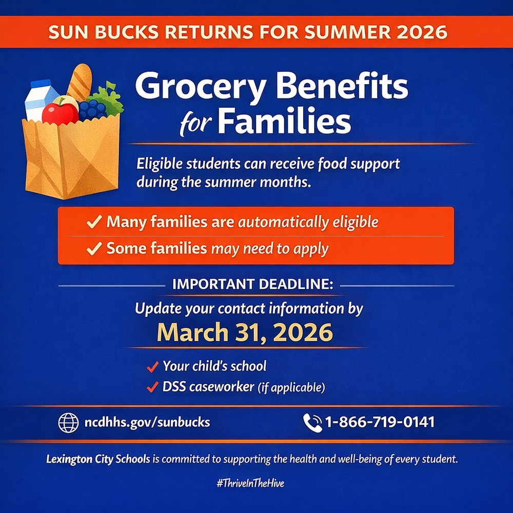 Graphic announcing SUN Bucks Summer 2026 grocery benefits for Lexington City Schools families. The image highlights that eligible students can receive food support during the summer. It notes that many families are automatically eligible, while some may need to apply. Families are reminded to update their contact information by March 31, 2026, through their child’s school or DSS caseworker. The graphic includes the website ncdhhs.gov/sunbucks and phone number 1-866-719-0141 for more information.