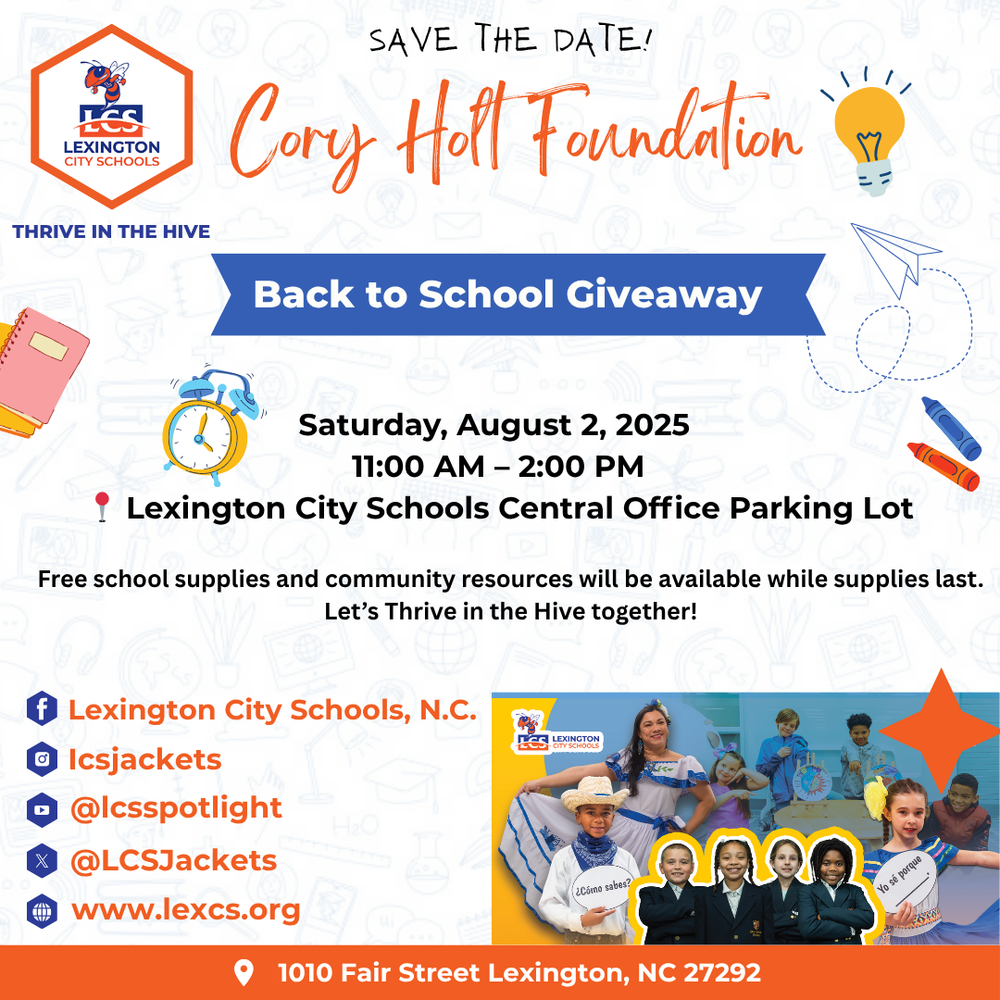 Flyer for the Cory Holt Foundation Back to School Giveaway on August 2, 2025, from 11 AM to 2 PM in the Central Office parking lot. Features school-themed graphics and details about free school supplies.